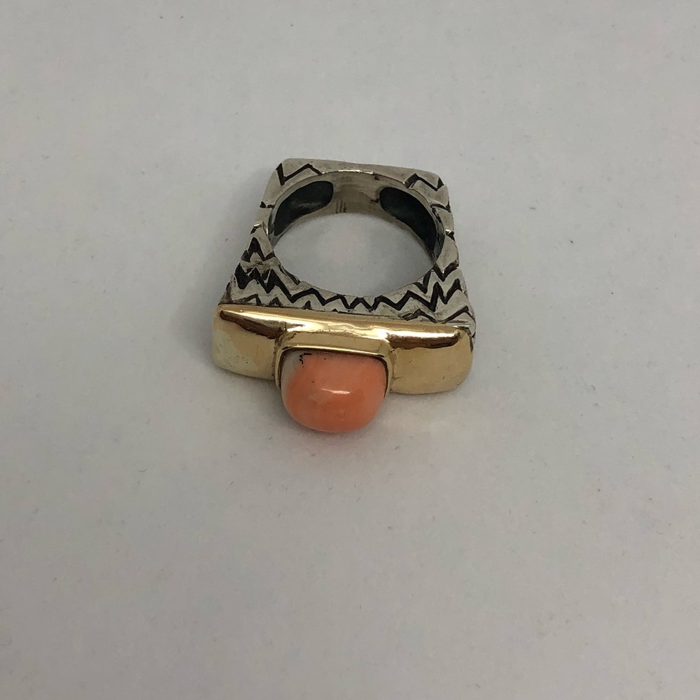 Dian Malouf Two-Tone SS & 14kt Statement Ring with Coral Pink Cabochon - Picture 7 of 10